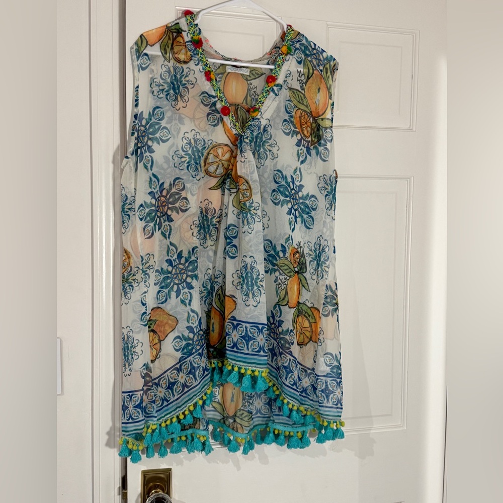 Women’s Sheer Fruit & Tile Print Swim Coverup - Blue & Teal
